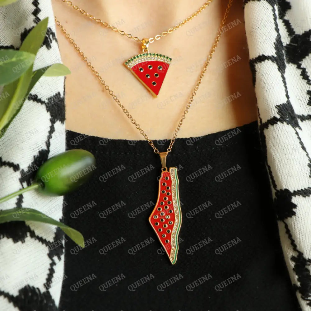 Luxury Golden Zircon Watermelon Palestine Country Map - Pendant Necklace Necklaces