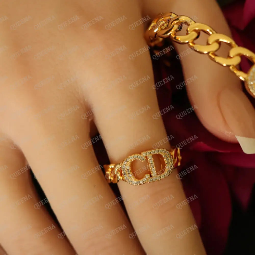 Luxury HALF SET- 18k Gold Plated CD Bracelet studded with zircon (Bangle + Ring) Jewelry Sets