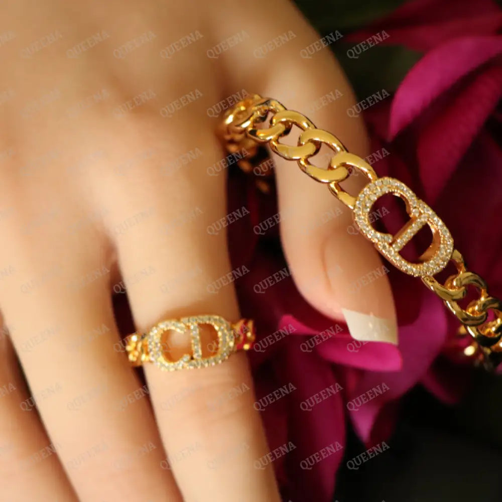 Luxury HALF SET- 18k Gold Plated CD Bracelet studded with zircon (Bangle + Ring) Jewelry Sets