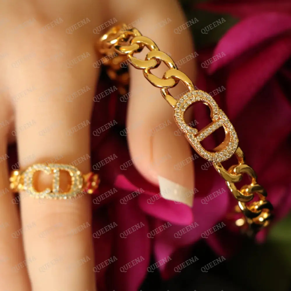 Luxury HALF SET- 18k Gold Plated CD Bracelet studded with zircon (Bangle + Ring) Jewelry Sets