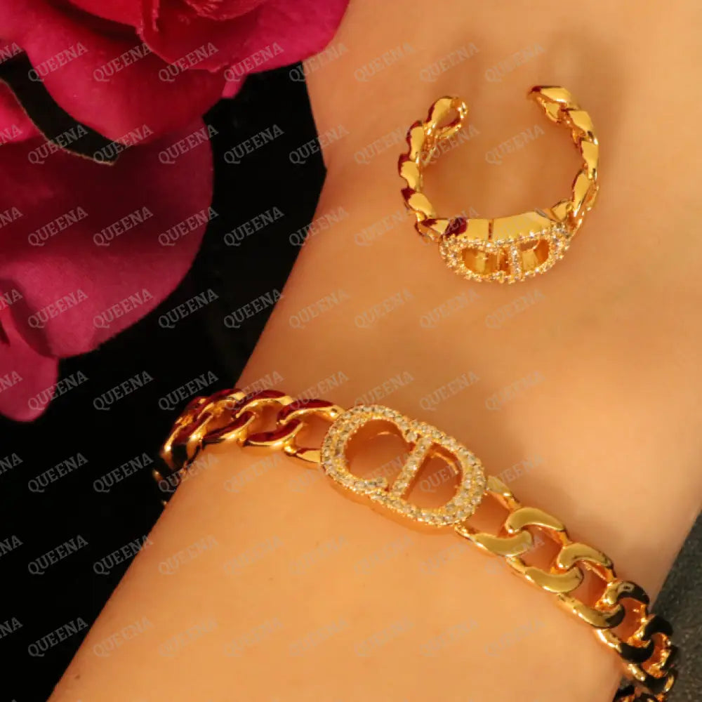 Luxury HALF SET- 18k Gold Plated CD Bracelet studded with zircon (Bangle + Ring) Jewelry Sets