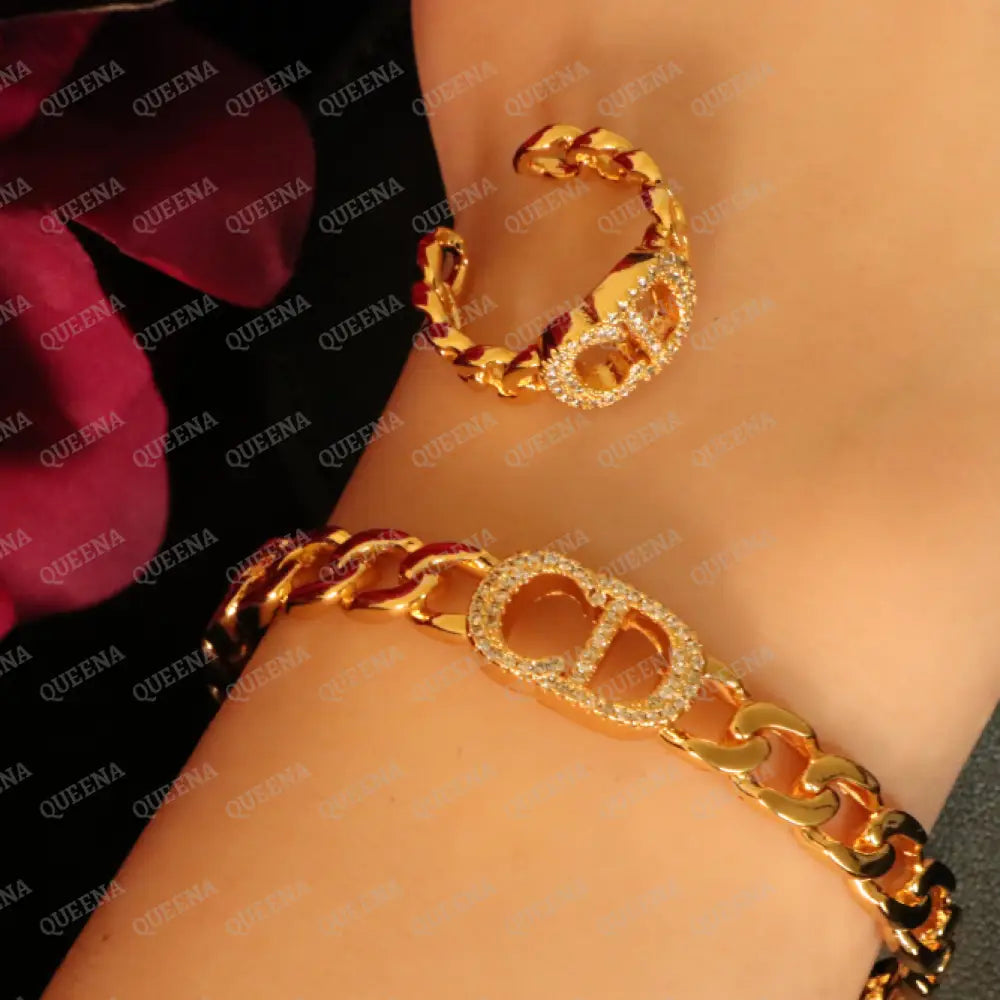 Luxury HALF SET- 18k Gold Plated CD Bracelet studded with zircon (Bangle + Ring) Jewelry Sets
