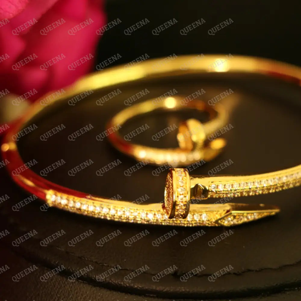 Luxury HALF SET 18k Gold Plated Golden Nail Bracelet Studded With Full Zircon (Bangle + Ring) Jewelry Sets