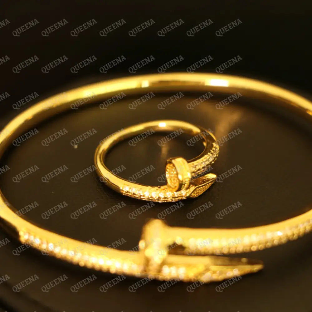 Luxury HALF SET 18k Gold Plated Golden Nail Bracelet Studded With Full Zircon (Bangle + Ring) Jewelry Sets