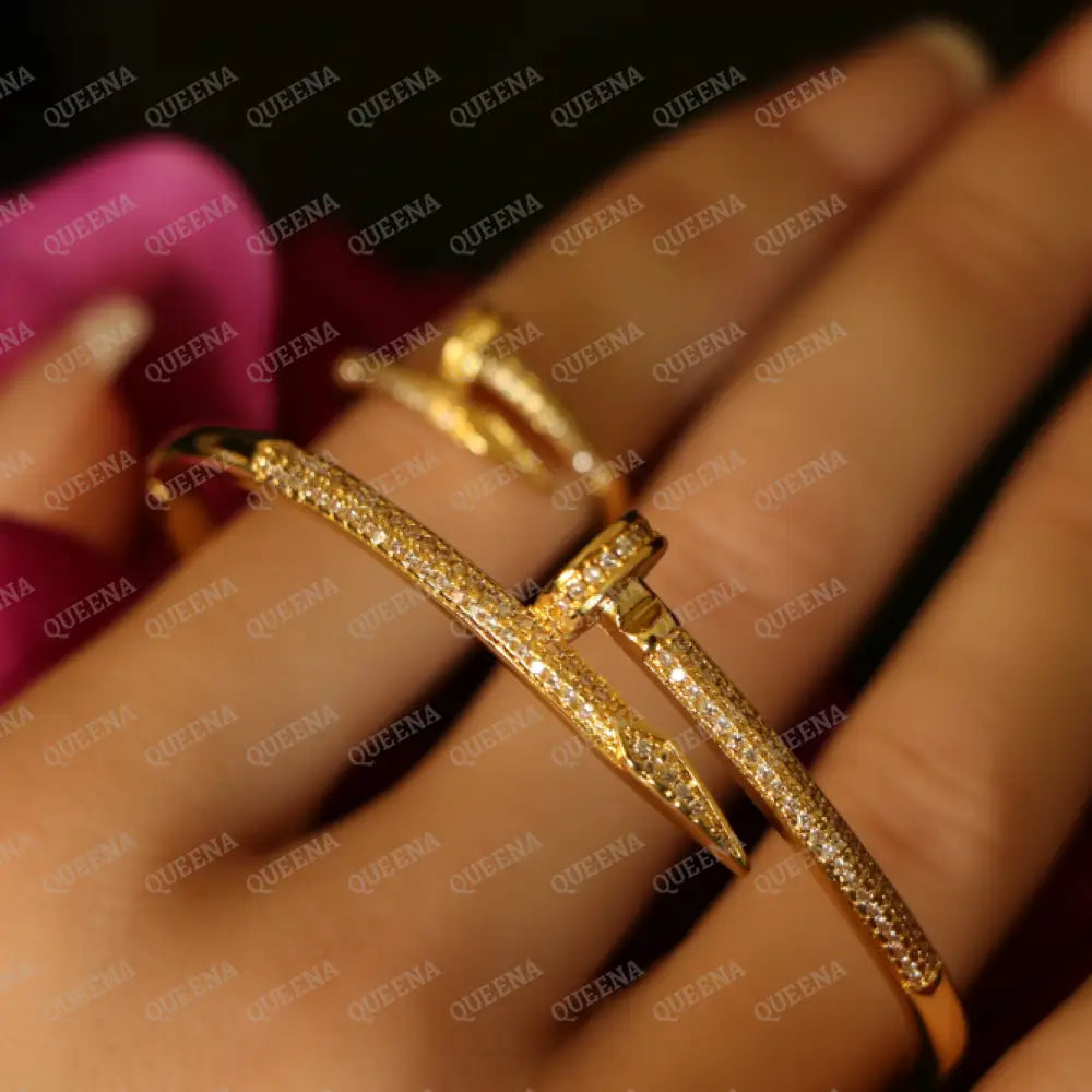 Luxury HALF SET 18k Gold Plated Golden Nail Bracelet Studded With Full Zircon (Bangle + Ring) Jewelry Sets
