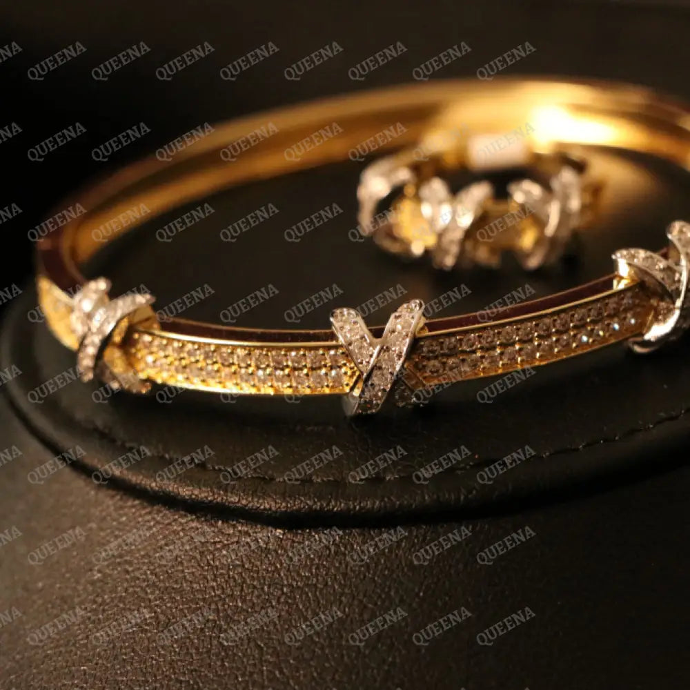 Luxury HALF SET- 18k Gold Plated Golden X Bracelet Studded With Full Zircon (Bangle + Ring) Jewelry Sets