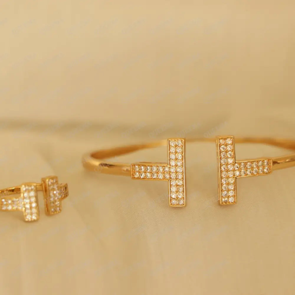 Luxury Half Set- 18K Gold Plated T- Wire Bracelet Studded In Zirconia White Crystal And Gold(Bangle