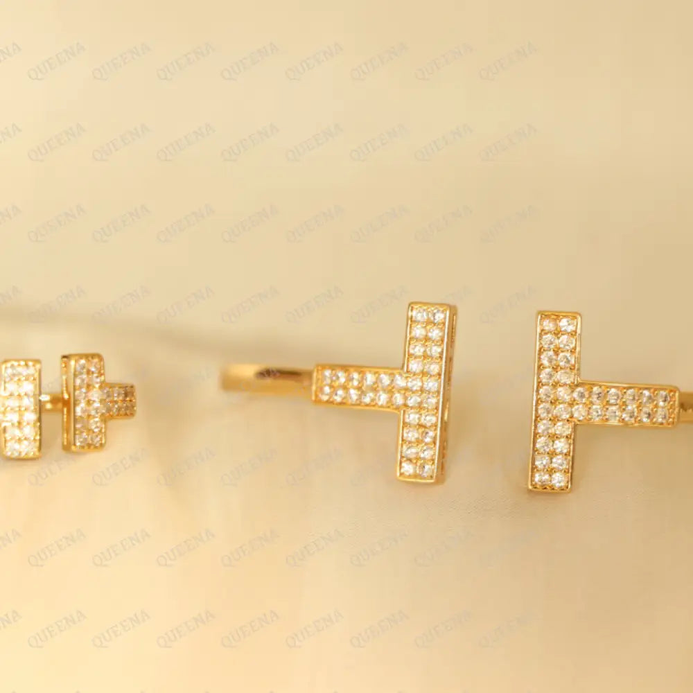 Luxury Half Set- 18K Gold Plated T- Wire Bracelet Studded In Zirconia White Crystal And Gold(Bangle