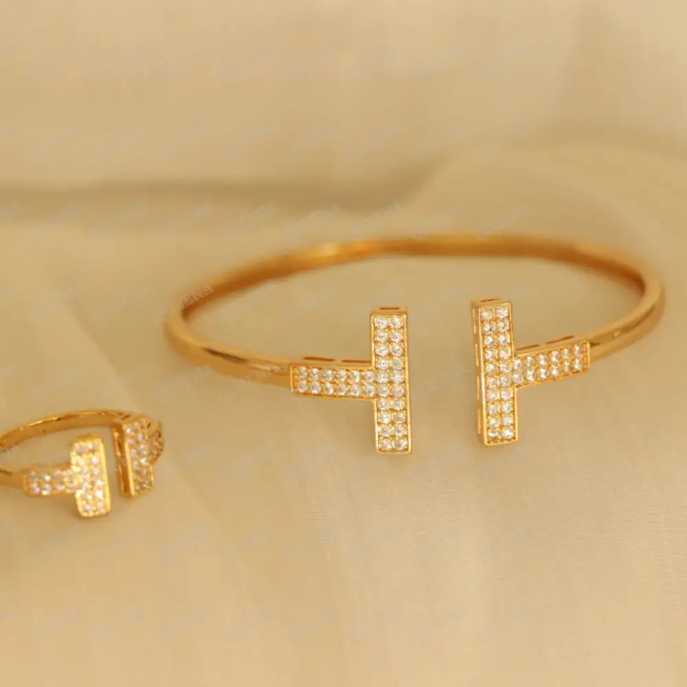 Luxury Half Set- 18K Gold Plated T- Wire Bracelet Studded In Zirconia White Crystal And Gold(Bangle