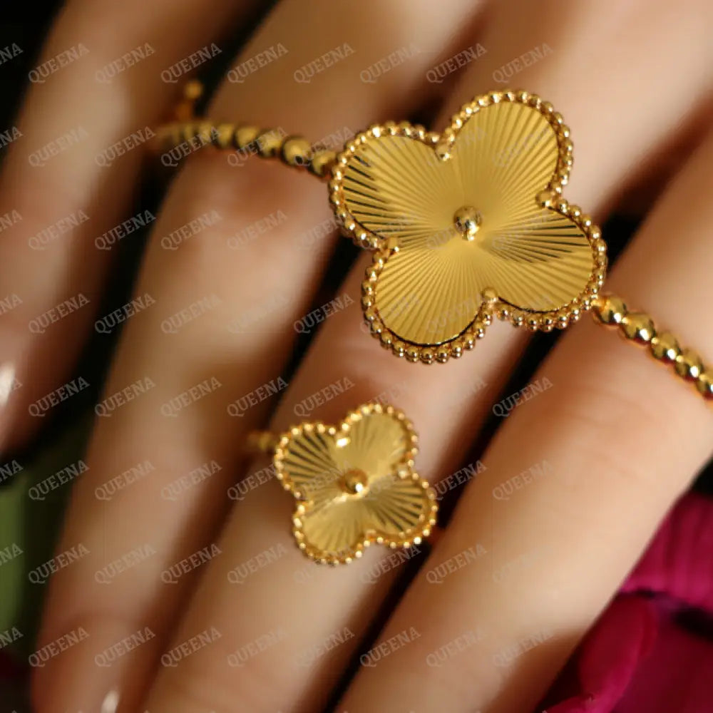 Luxury HALF SET 18k Gold Plated Valerie Golden Floral Clover (Bangle + Ring) Jewelry Sets
