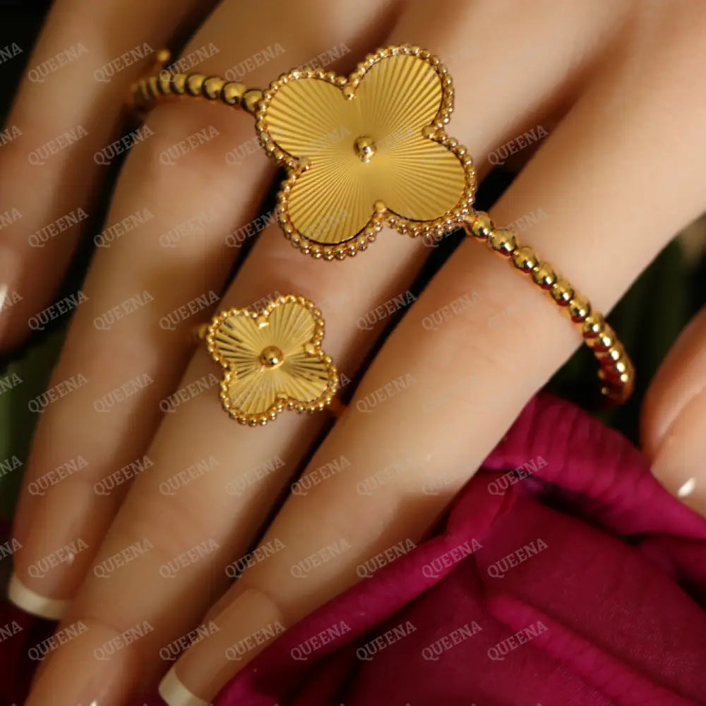 Luxury HALF SET 18k Gold Plated Valerie Golden Floral Clover (Bangle + Ring) Jewelry Sets