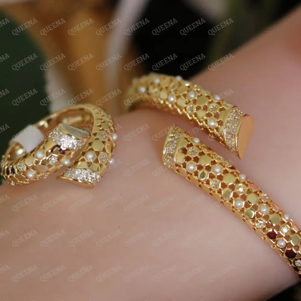 Luxury HALF SET- 18k Yellow Gold Plated Bypass Bangle Bracelet Studded With Pearls and Zirconia Gold Stones (Bangle