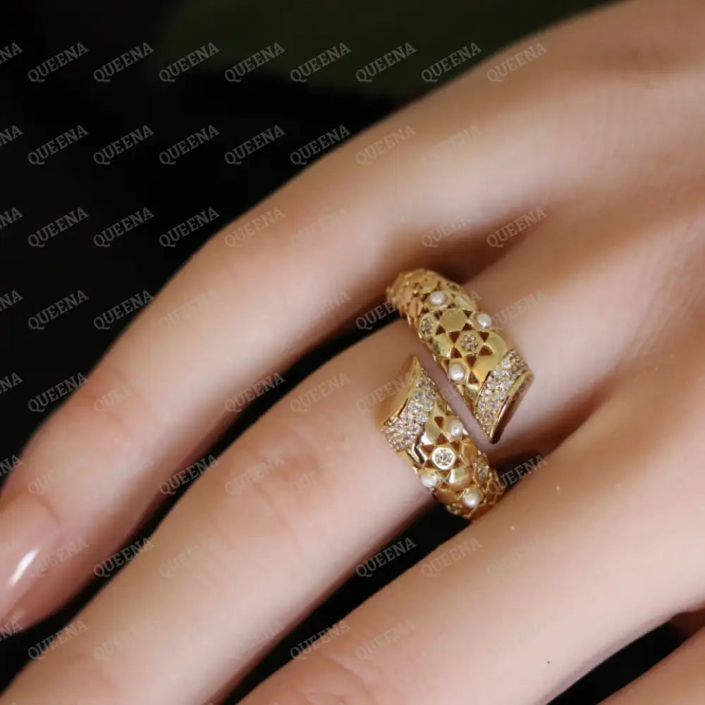 Luxury HALF SET- 18k Yellow Gold Plated Bypass Bangle Bracelet Studded With Pearls and Zirconia Gold Stones (Bangle