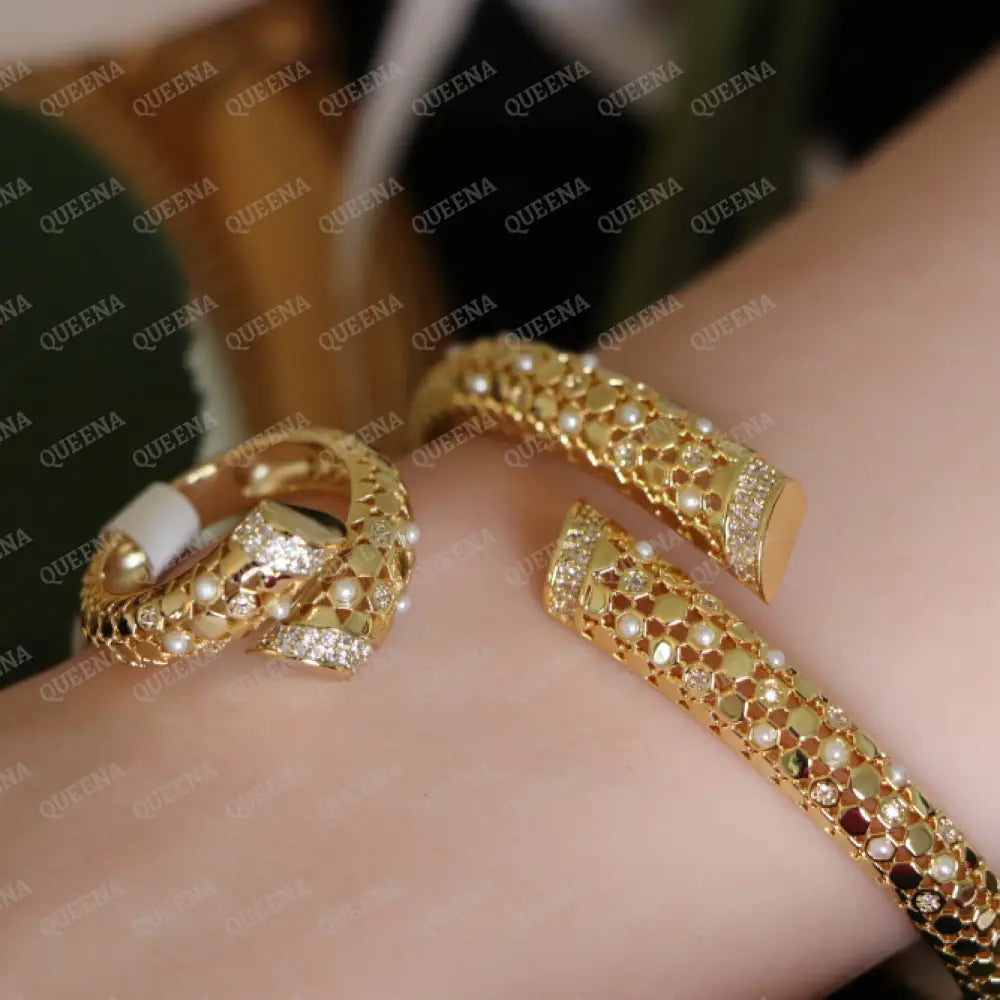 Luxury HALF SET- 18k Yellow Gold Plated Bypass Bangle Bracelet Studded With Pearls and Zirconia Gold Stones (Bangle