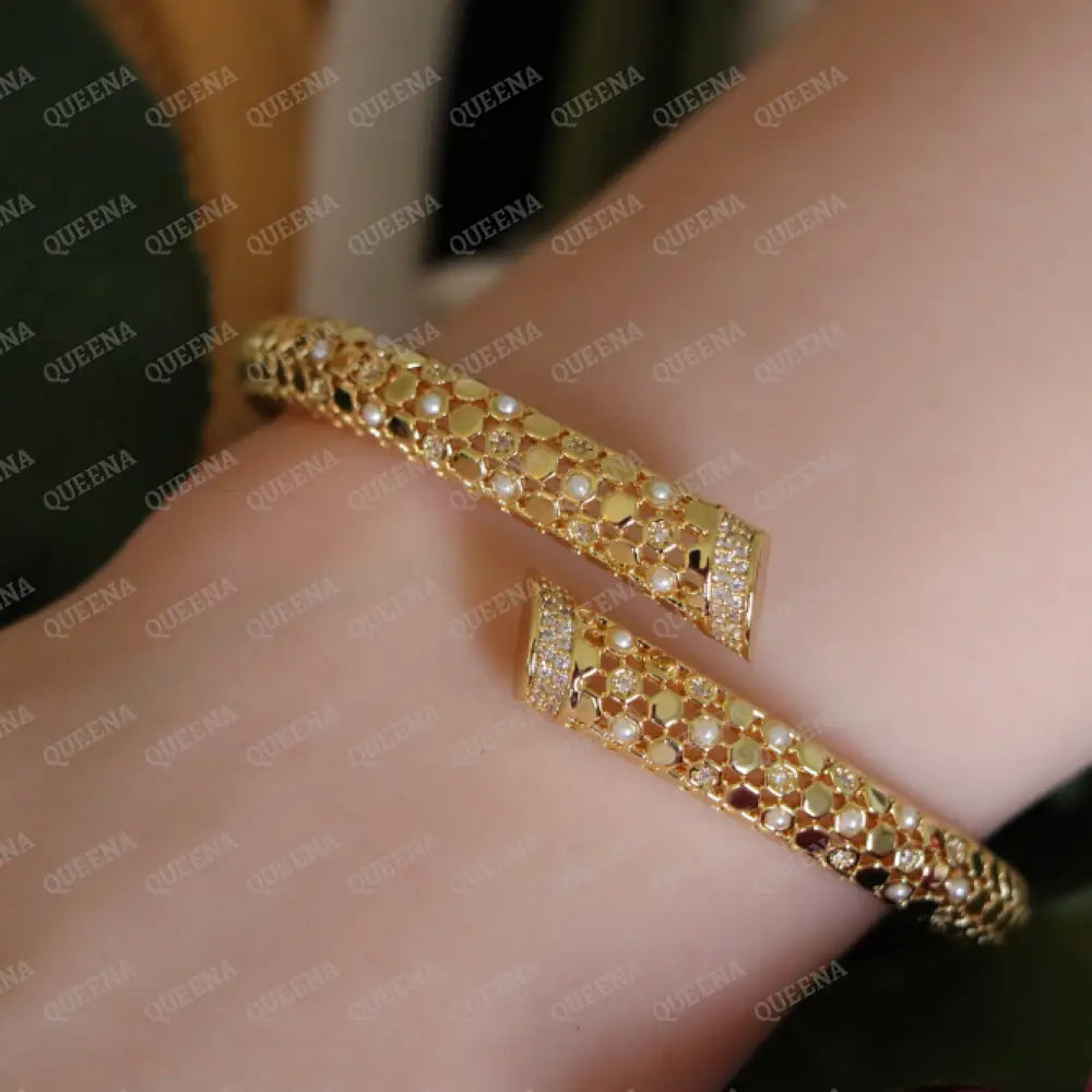 Luxury HALF SET- 18k Yellow Gold Plated Bypass Bangle Bracelet Studded With Pearls and Zirconia Gold Stones (Bangle