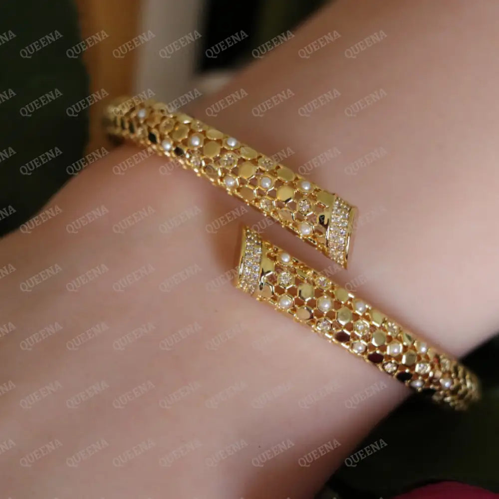 Luxury HALF SET- 18k Yellow Gold Plated Bypass Bangle Bracelet Studded With Pearls and Zirconia Gold Stones (Bangle