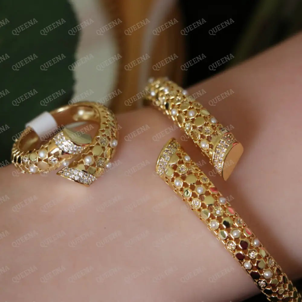 Luxury HALF SET- 18k Yellow Gold Plated Bypass Bangle Bracelet Studded With Pearls and Zirconia Gold Stones (Bangle