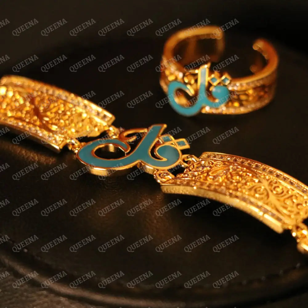 Luxury HALF SET - 21k Gold Plated Unique Islamic Blue Qul (قل) Bracelet Studded with Zircons Stones Jewelry Set