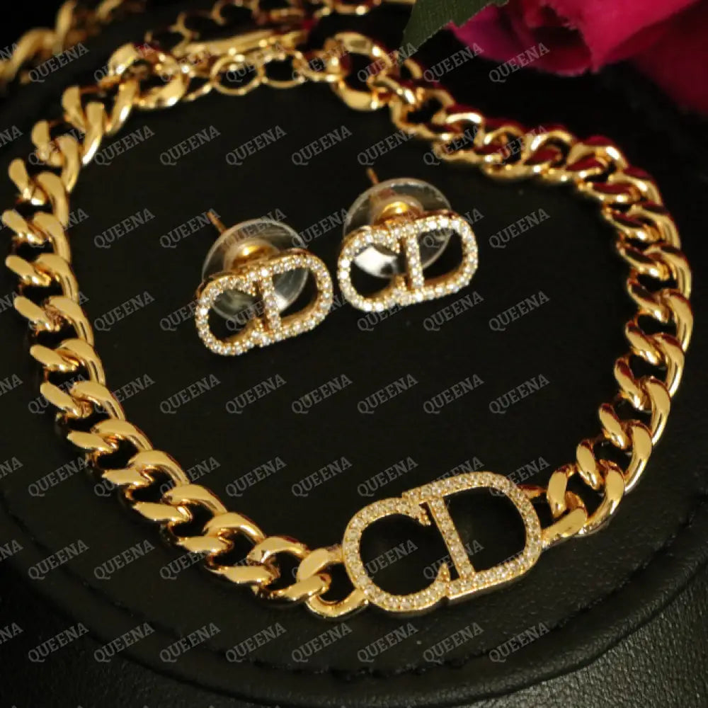 Luxury New CD Jewelry Set - 3 Pieces Golden Chain Studded with Full Zircon Stones- High Quality 18k Gold Plated