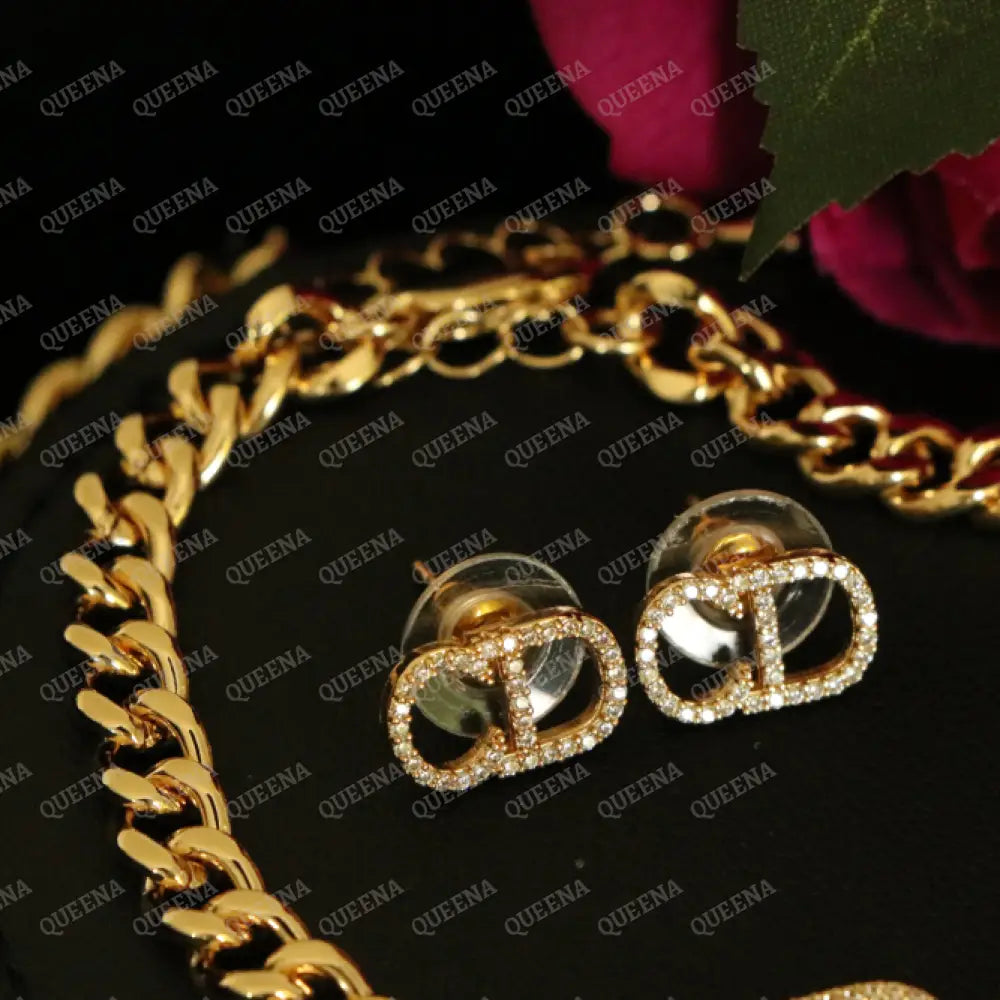 Luxury New CD Jewelry Set - 3 Pieces Golden Chain Studded with Full Zircon Stones- High Quality 18k Gold Plated