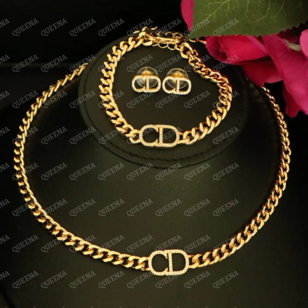 Luxury New CD Jewelry Set - 3 Pieces Golden Chain Studded with Full Zircon Stones- High Quality 18k Gold Plated