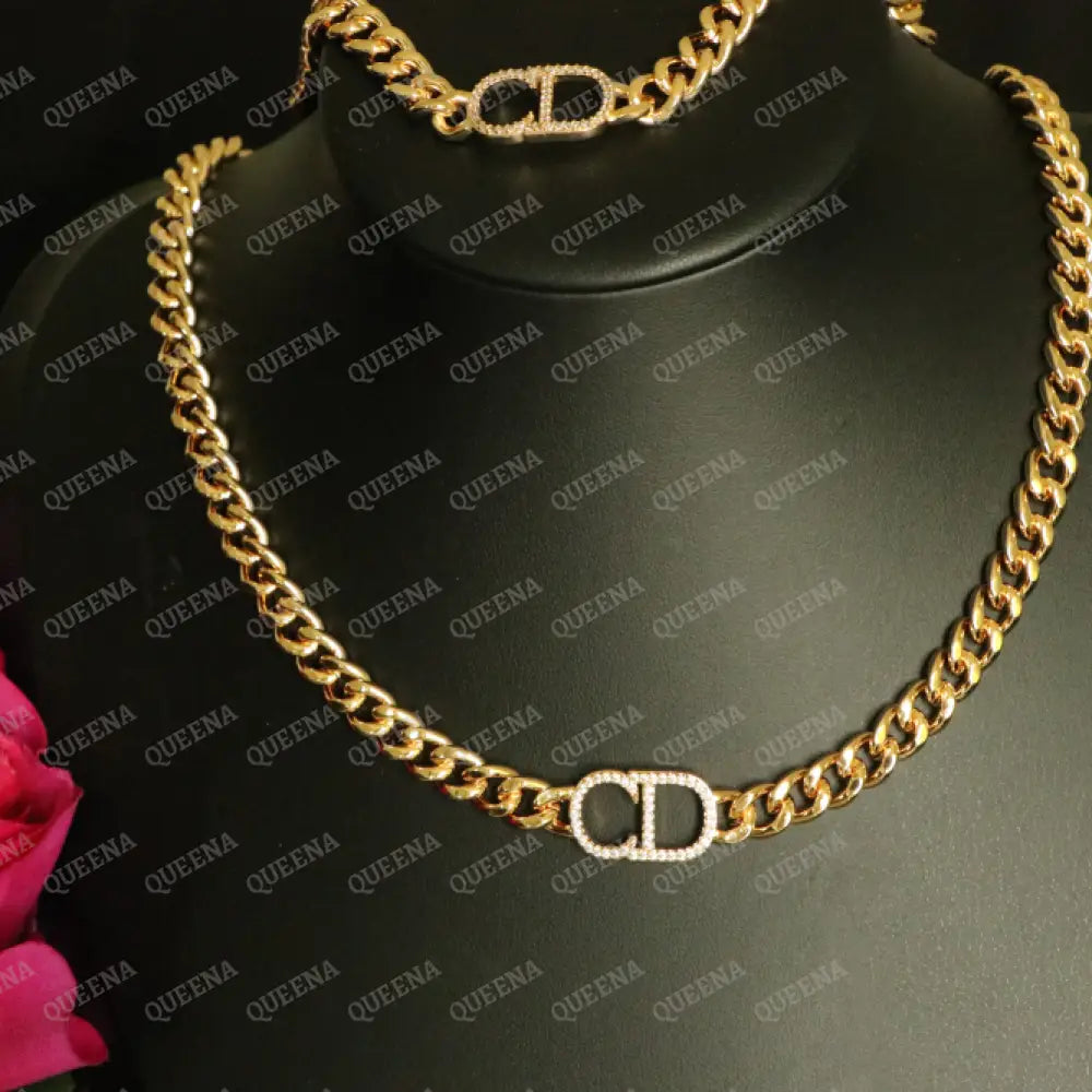 Luxury New CD Jewelry Set - 3 Pieces Golden Chain Studded with Full Zircon Stones- High Quality 18k Gold Plated