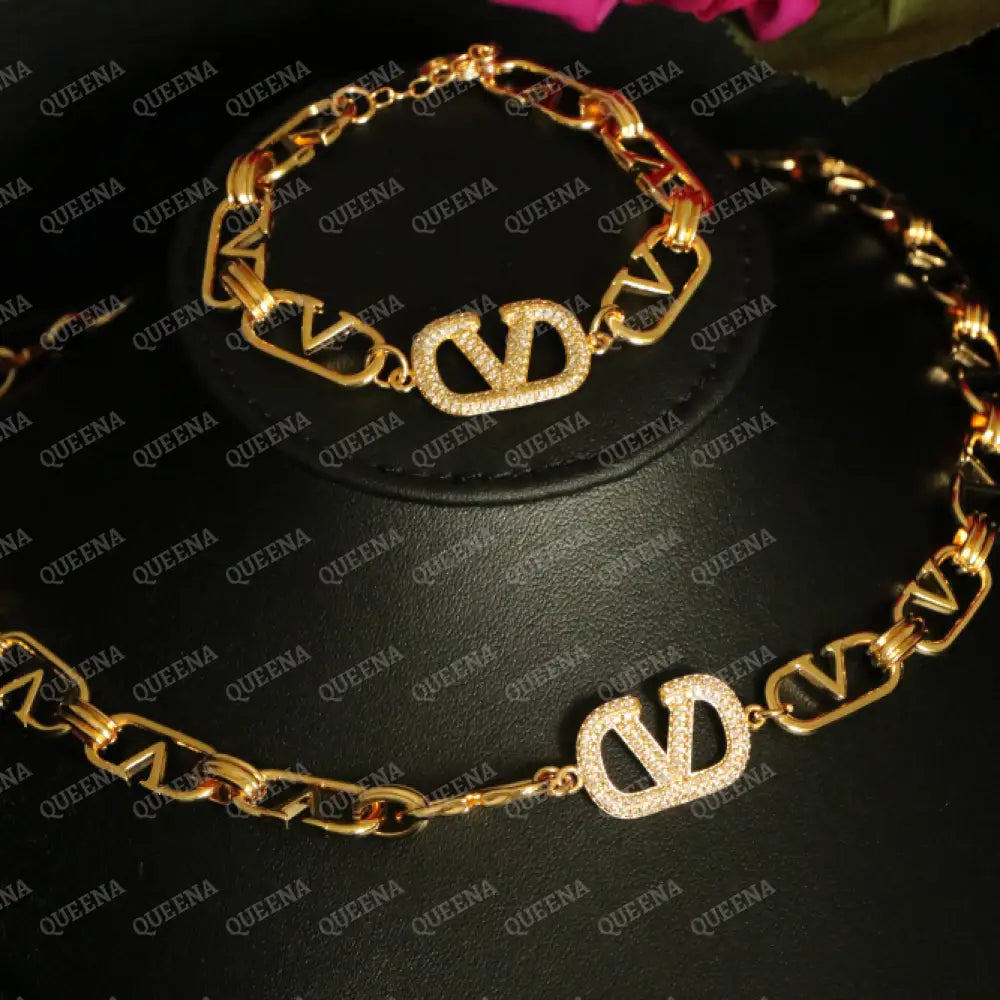 Luxury New Valentina Jewelry Set (Necklace + Bracelet) - Studded with Full Zircon Stones- High Quality 18k Gold Plated