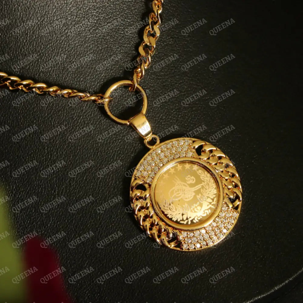 Luxury Shiny Gold Plated 18K Turkish Lyra Coin Long Janzeer Chain Necklace Studded with Zircon Necklaces