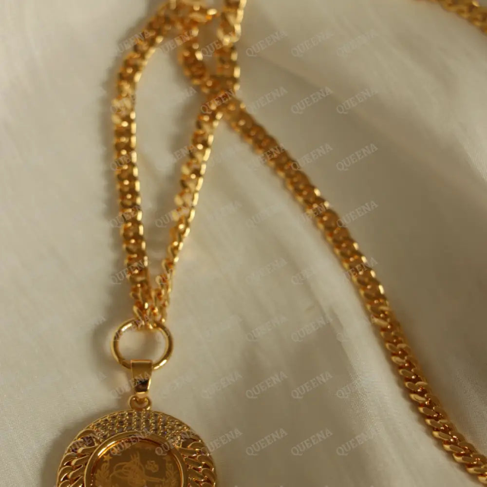 Luxury Shiny Gold Plated 18K Turkish Lyra Coin Long Janzeer Chain Necklace Studded with Zircon Necklaces