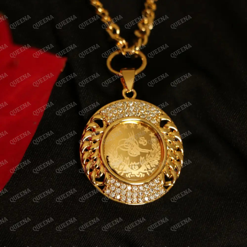 Luxury Shiny Gold Plated 18K Turkish Lyra Coin Long Janzeer Chain Necklace Studded with Zircon Necklaces