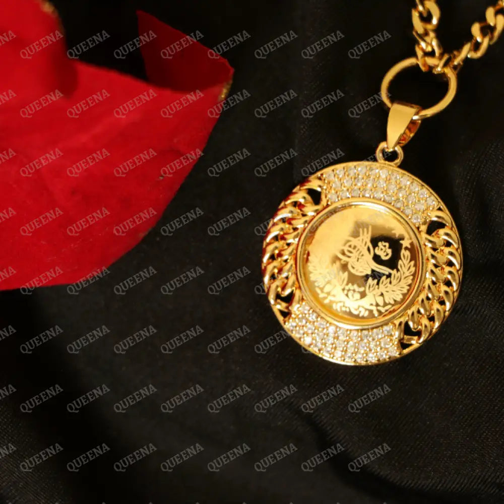 Luxury Shiny Gold Plated 18K Turkish Lyra Coin Long Janzeer Chain Necklace Studded with Zircon Necklaces