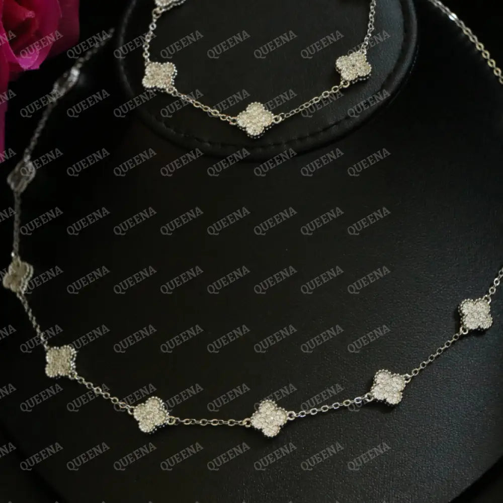 Luxury Silver ROSA Floral Jewelry Set with 10 Mini Clover Flowers (Necklace + Bracelet) Studded with Full Zircon