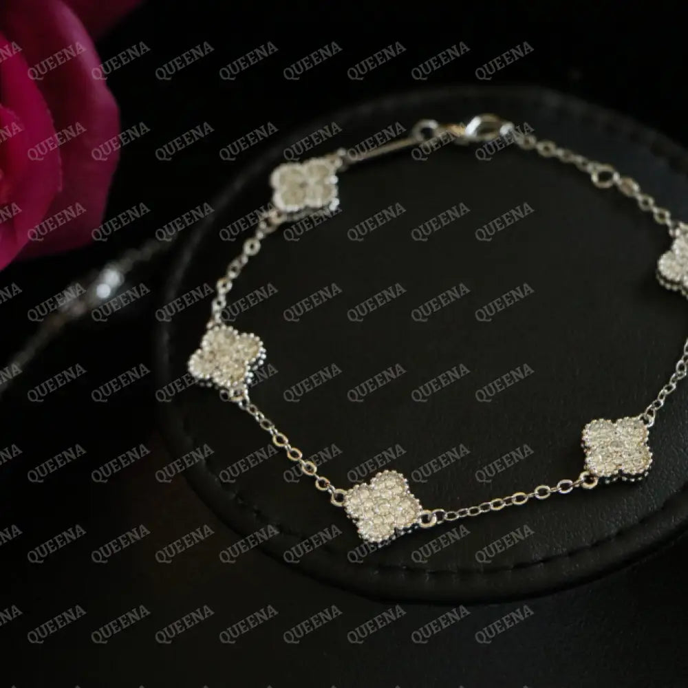 Luxury Silver ROSA Floral Jewelry Set with 10 Mini Clover Flowers (Necklace + Bracelet) Studded with Full Zircon