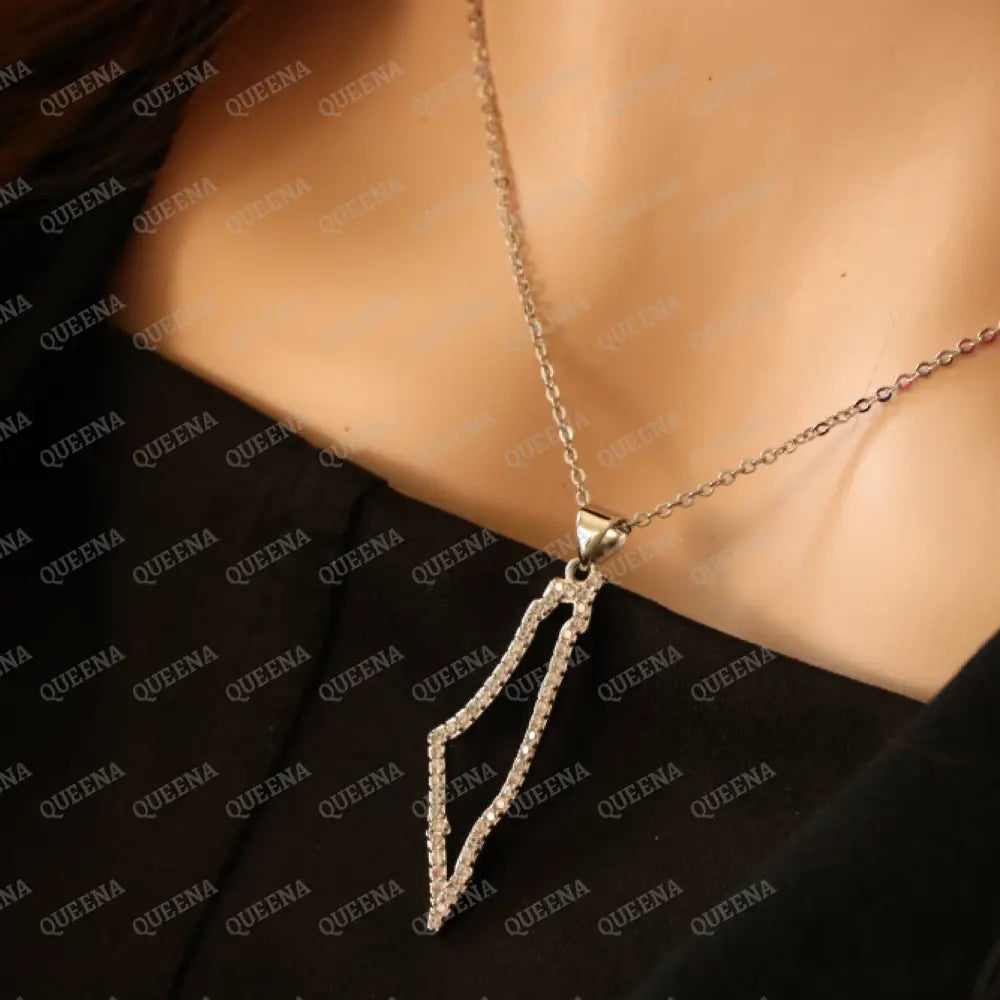 Luxury SILVER Zircon PALESTINE Country Map - Pendant Necklace Necklaces