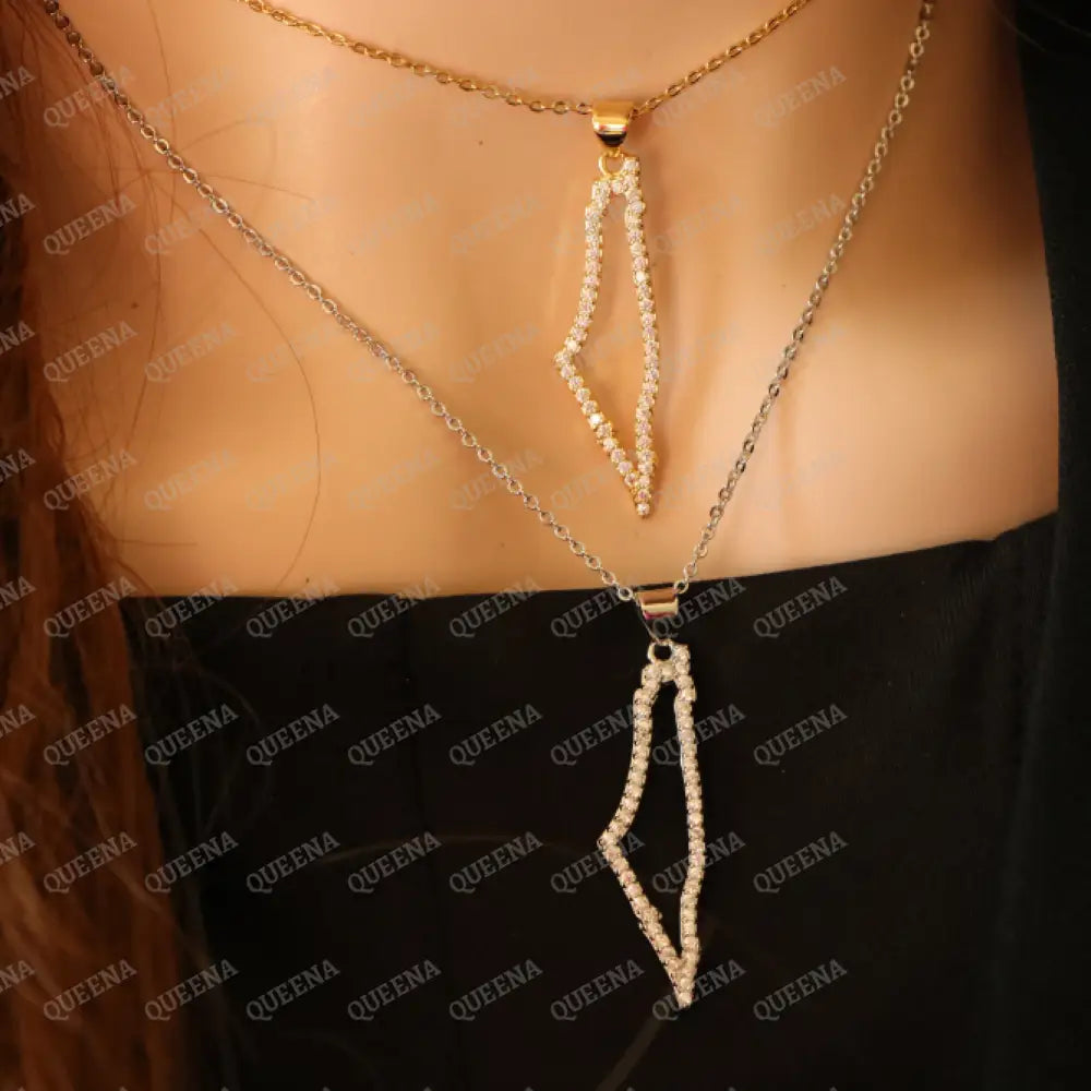 Luxury SILVER Zircon PALESTINE Country Map - Pendant Necklace Necklaces