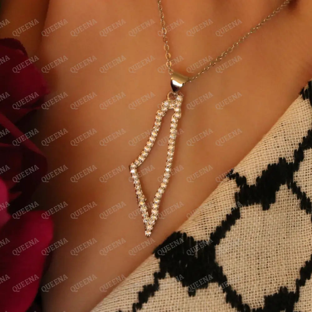 Luxury SILVER Zircon PALESTINE Country Map - Pendant Necklace Necklaces