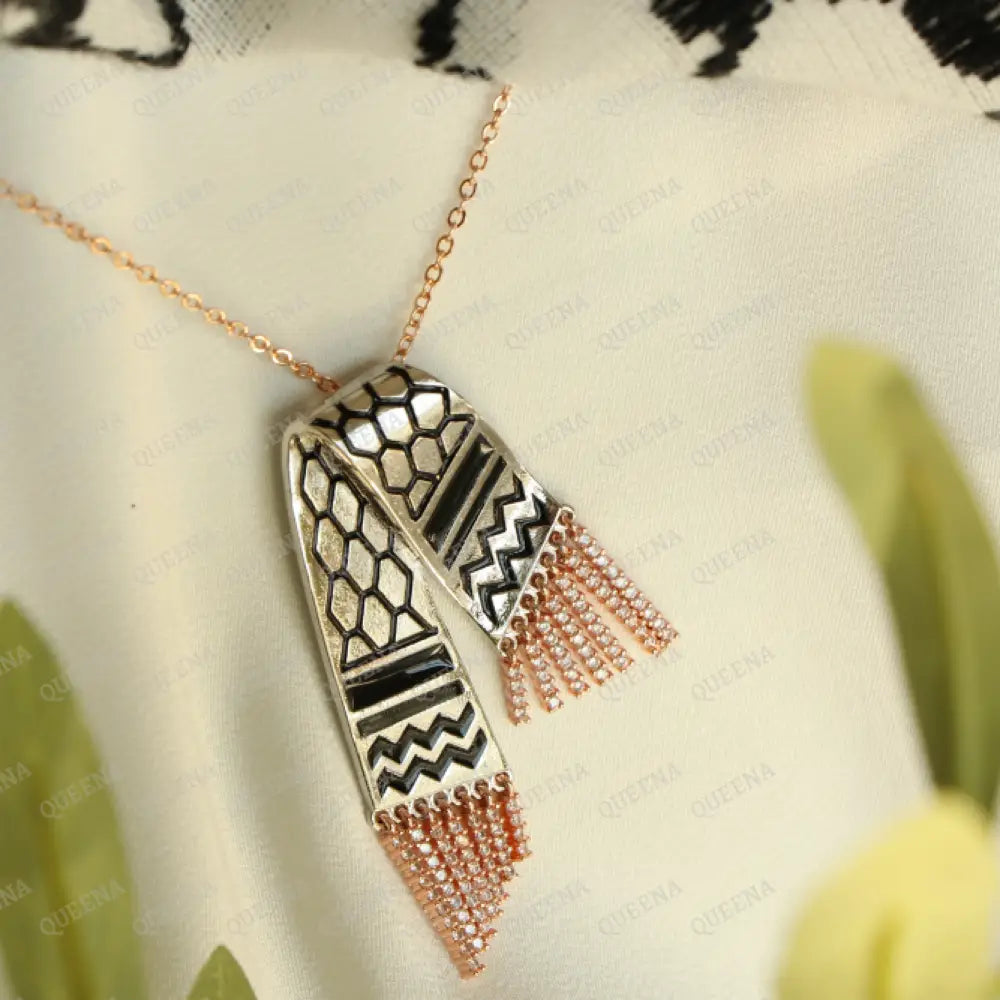 Luxury Silver Zircon Palestinian Keffiyeh Scarf Rose Gold & Black Colors - Pendant Necklace