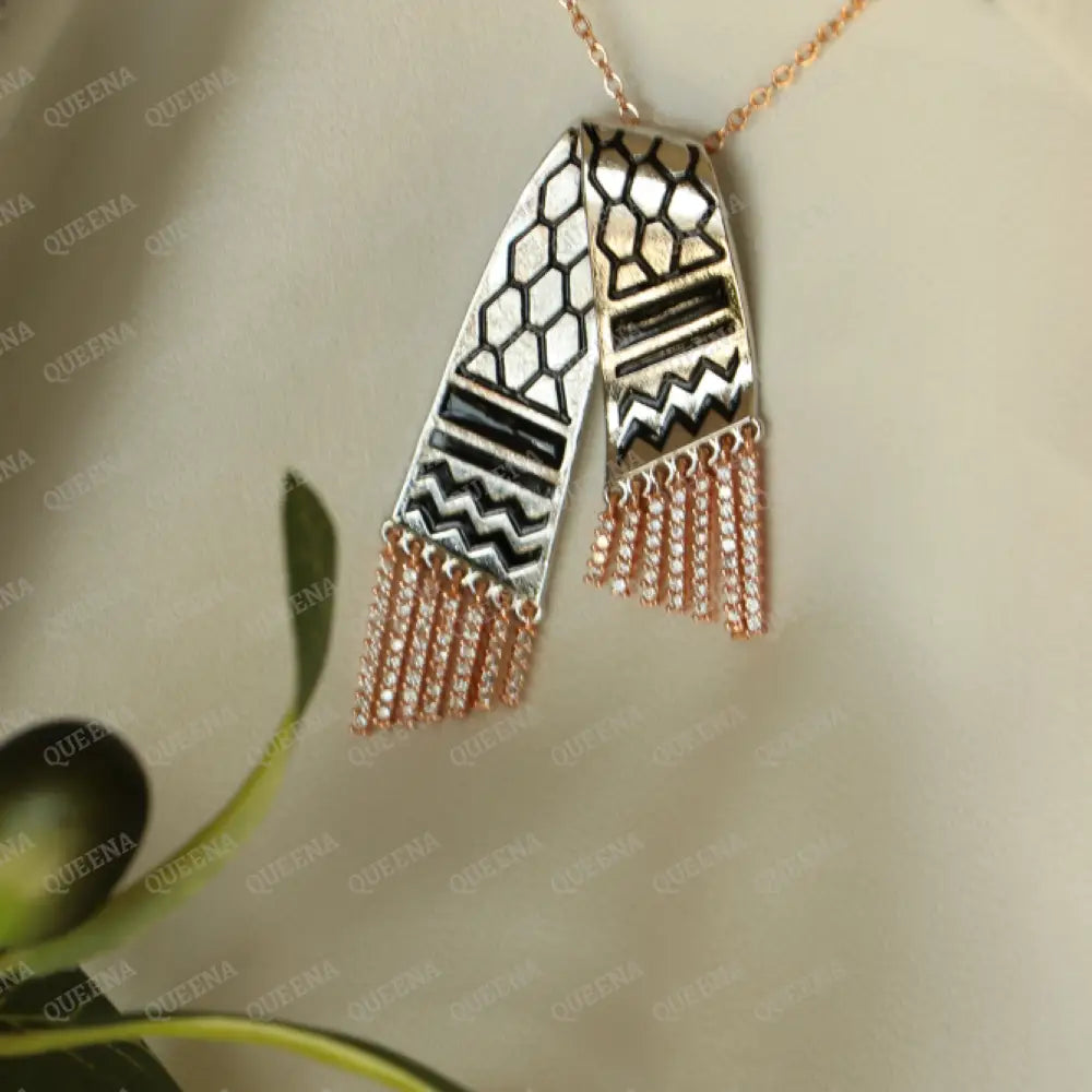 Luxury Silver Zircon Palestinian Keffiyeh Scarf Rose Gold & Black Colors - Pendant Necklace