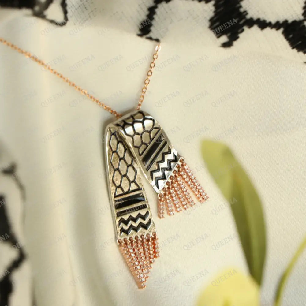 Luxury Silver Zircon Palestinian Keffiyeh Scarf Rose Gold & Black Colors - Pendant Necklace
