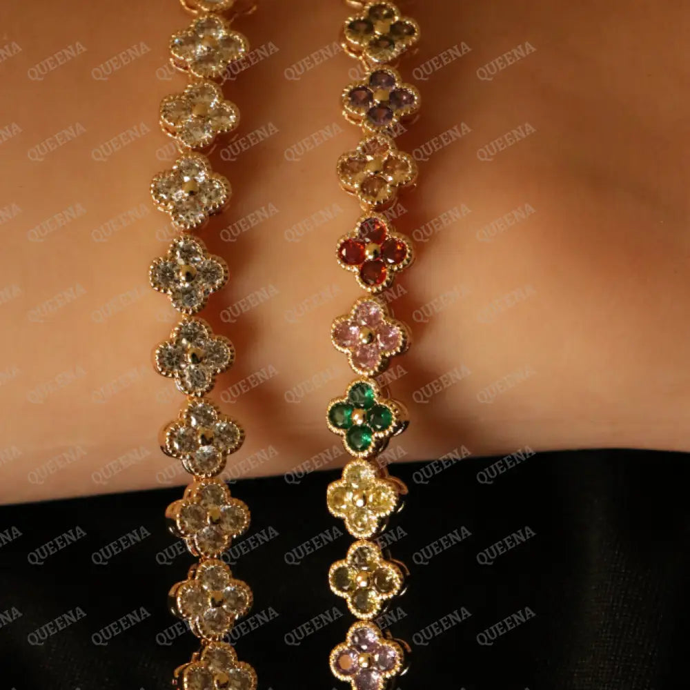 Luxury Sparkling Clovers Flowers CRYSTAL Gemstones Tennis Bracelet Bracelet