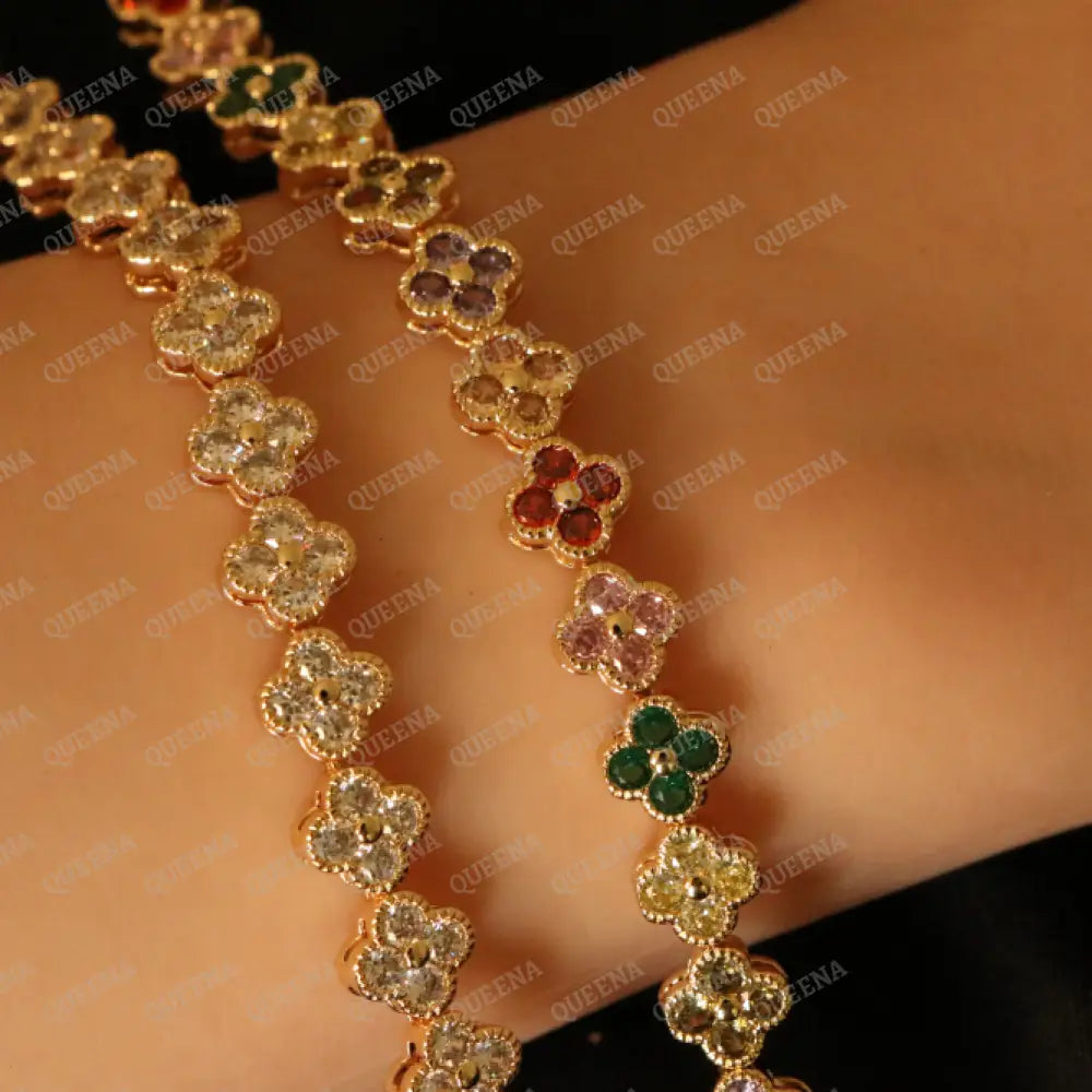 Luxury Sparkling Clovers Flowers CRYSTAL Gemstones Tennis Bracelet Bracelet