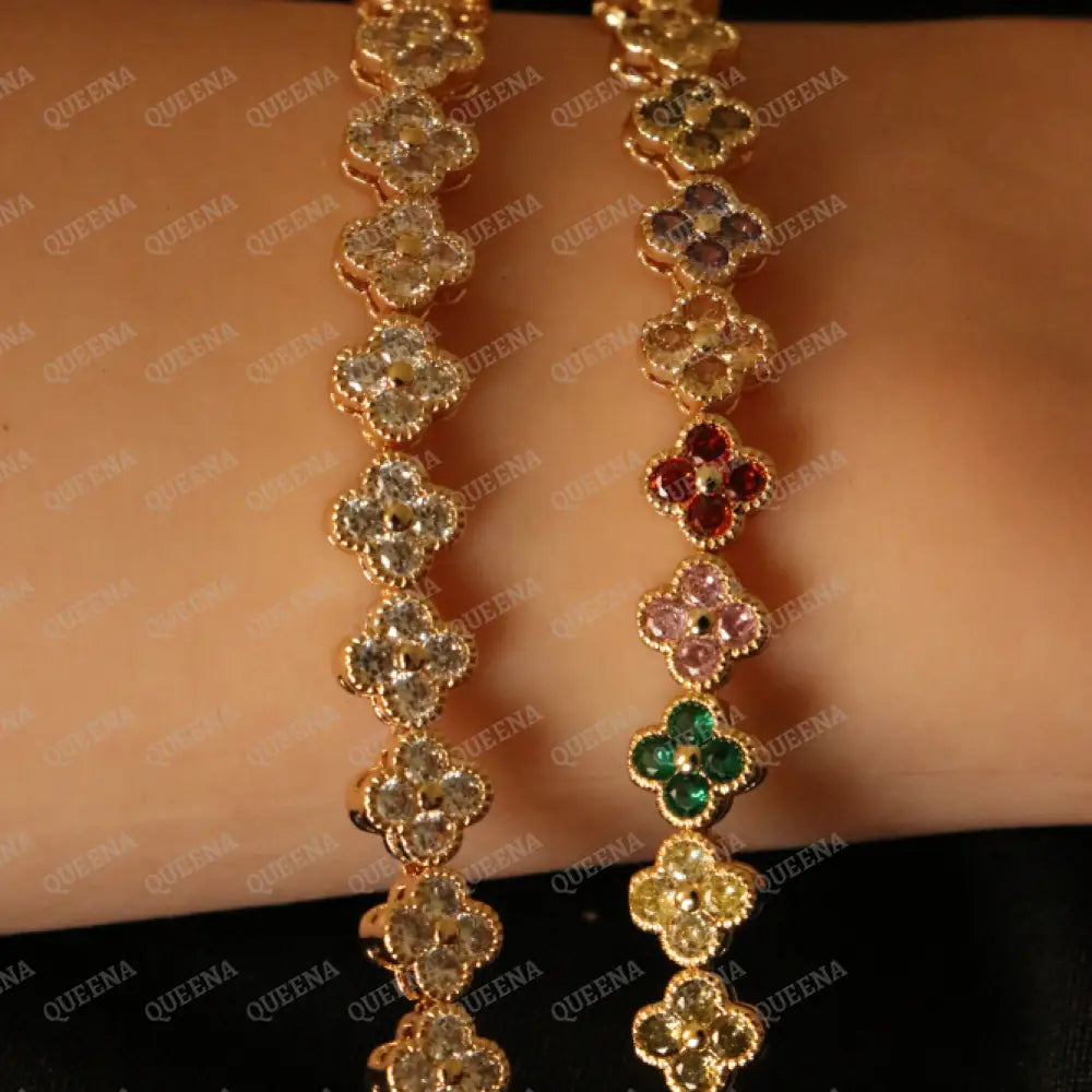 Luxury Sparkling Clovers Flowers CRYSTAL Gemstones Tennis Bracelet Bracelet