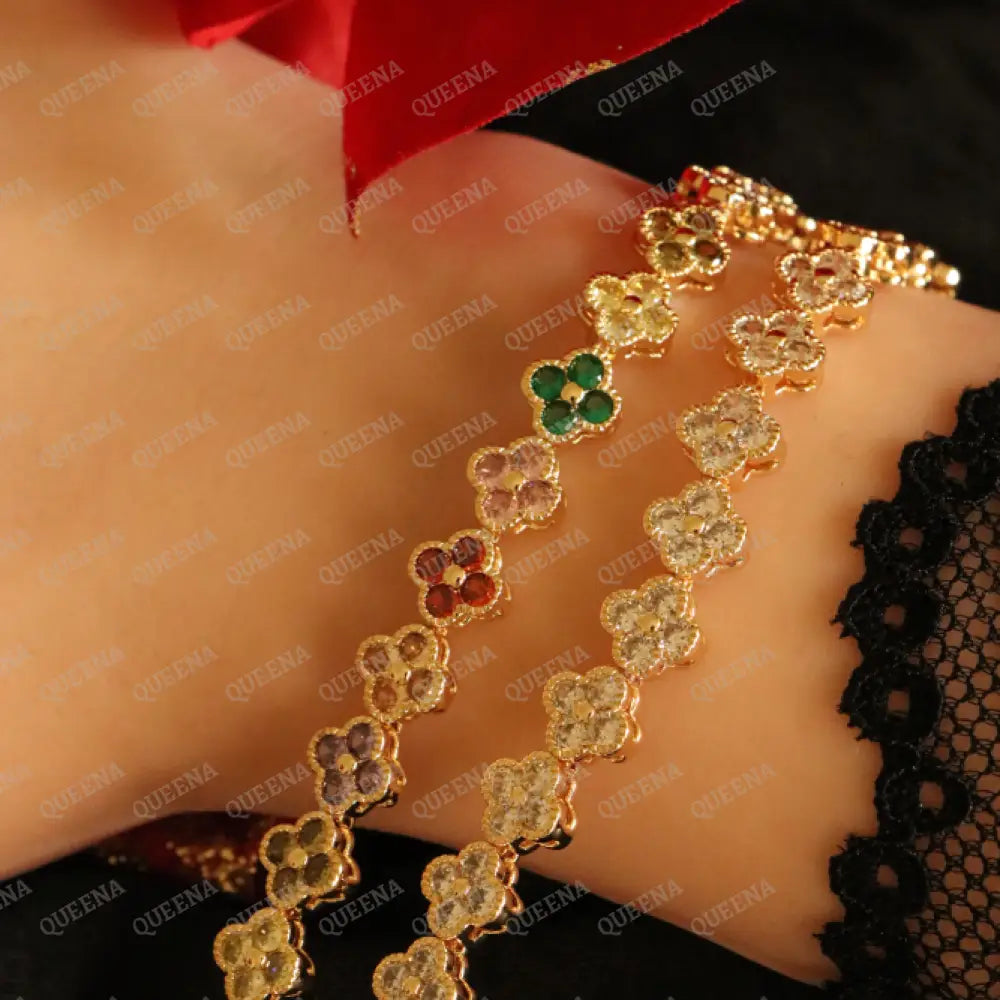 Luxury Sparkling Clovers Flowers CRYSTAL Gemstones Tennis Bracelet Bracelet