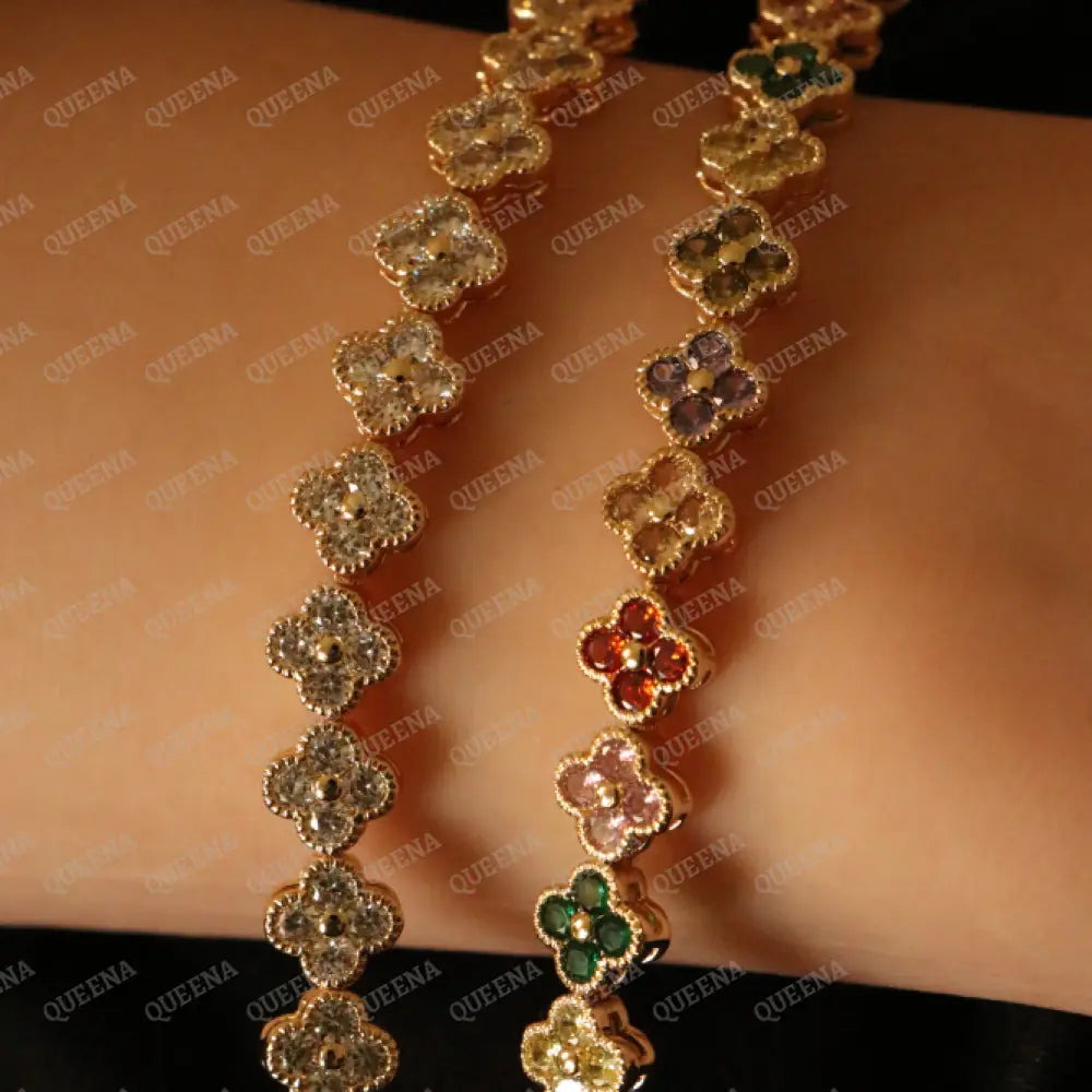 Luxury Sparkling Clovers Flowers CRYSTAL Gemstones Tennis Bracelet Bracelet