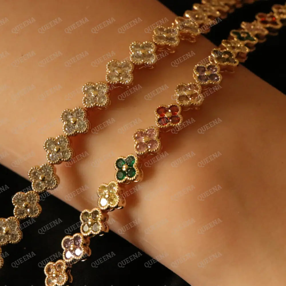 Luxury Sparkling Clovers Flowers CRYSTAL Gemstones Tennis Bracelet Bracelet