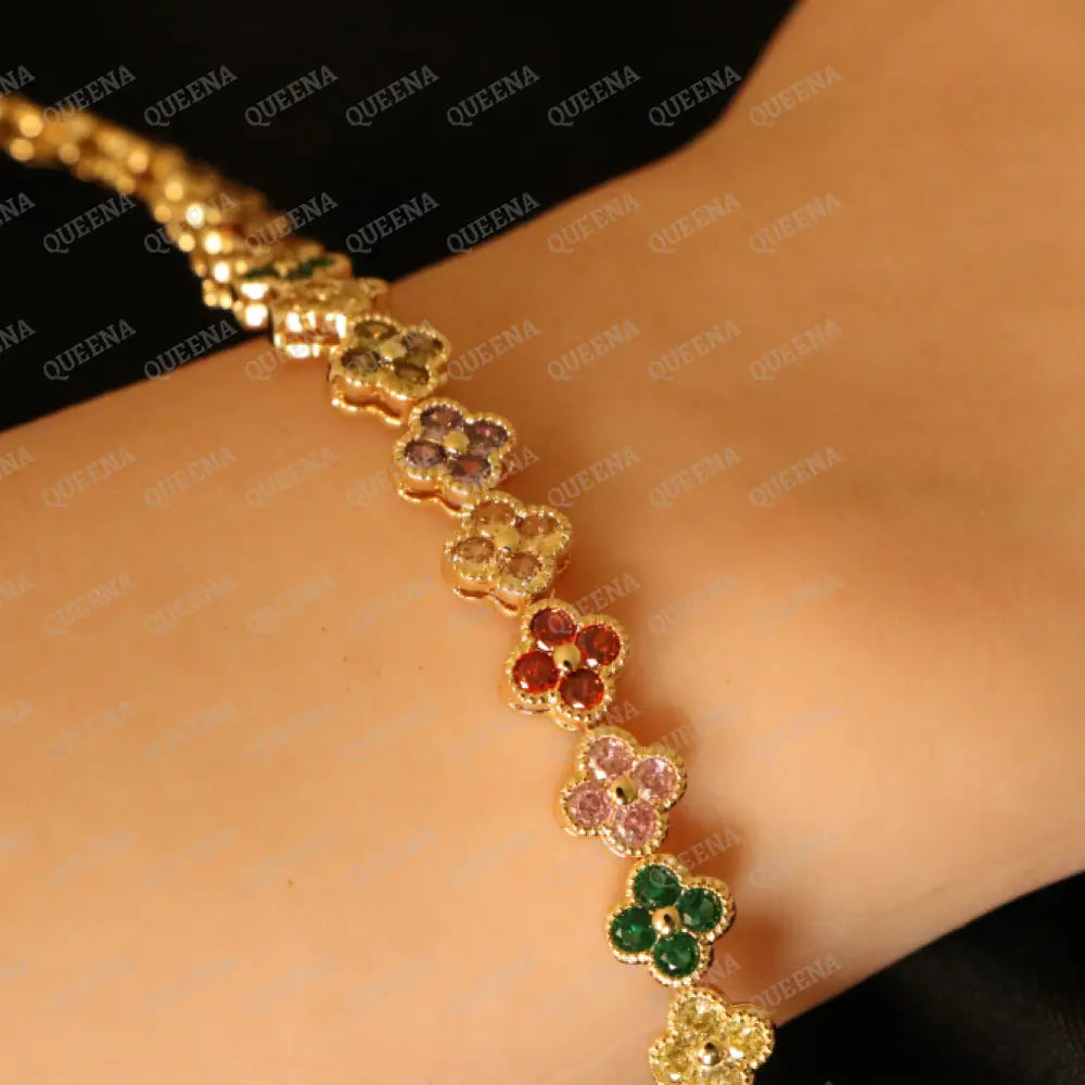Luxury Sparkling Clovers Flowers CRYSTAL Gemstones Tennis Bracelet Bracelet