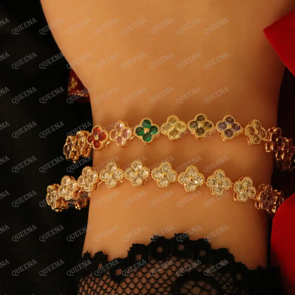 Luxury Sparkling Clovers Flowers CRYSTAL Gemstones Tennis Bracelet Bracelet