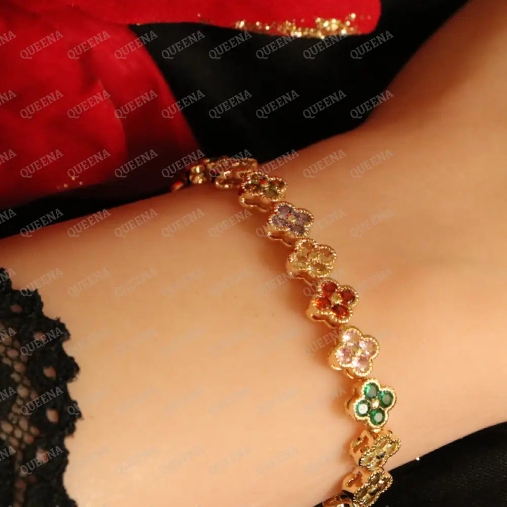 Luxury Sparkling Clovers Flowers CRYSTAL Gemstones Tennis Bracelet Bracelet