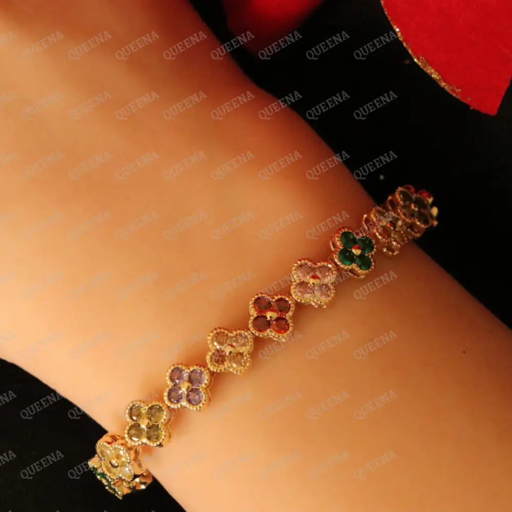 Luxury Sparkling Clovers Flowers CRYSTAL Gemstones Tennis Bracelet Bracelet