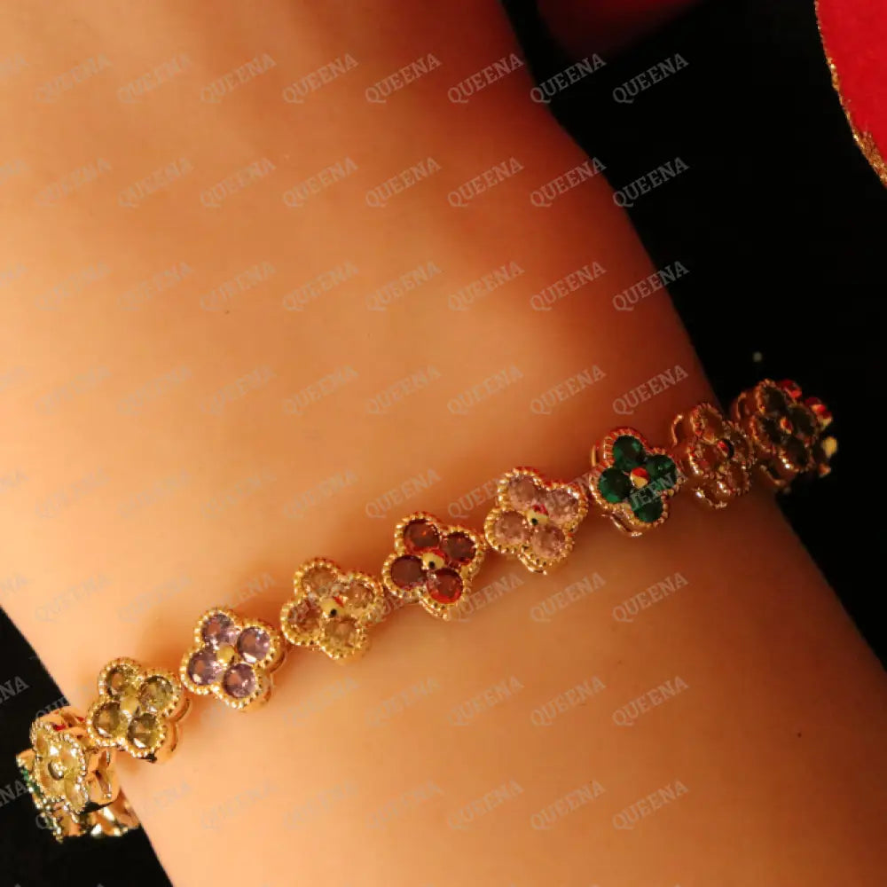 Luxury Sparkling Clovers Flowers CRYSTAL Gemstones Tennis Bracelet Bracelet